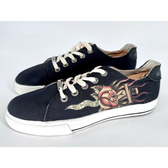 Harley-Davidson Shoes - HARLEY-DAVIDSON D83605 Womens Rose & Dagger Canvas Low Tops Black Sz 9.5 NWT